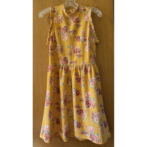 NWT XHILARATION Yellow Gold FLORAL Textured Knit RUFFLED Zip-Back SKATER DRESS S - Picture 1 of 3